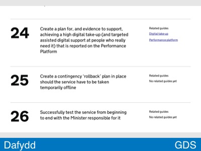 24: Plan for a high digital take-up and targeted assisted digital support; 25: Create a contingency ‘rollback’ plan; 26: Test the service from end to end with the Minister responsible for it